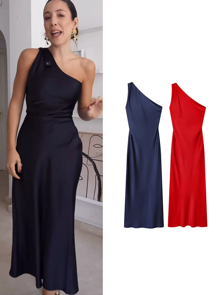 Elegante Frauen Asymmetrische Schulter Satin Kleider Mode Party Club Abendkleid Damen Sexy Backless Bodycon Urlaub Langes Kleid