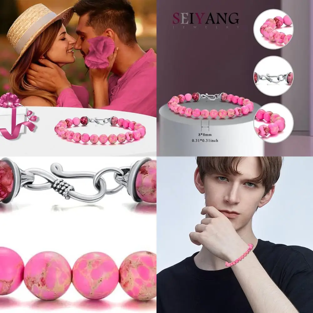 

Natural 8mm Stone Beaded Bracelet for Men with Sterling Silver Hooks and Gift Box