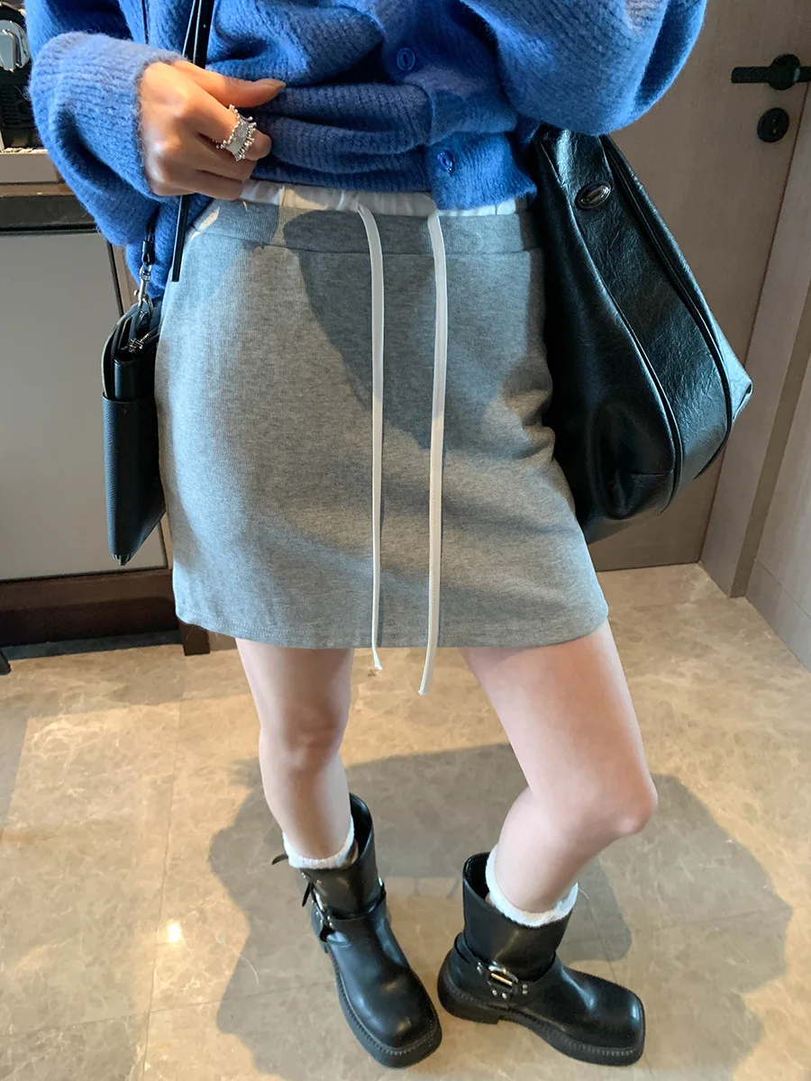 

Spring women's American retro sports style contrasting color drawstring elastic waist casual skirt