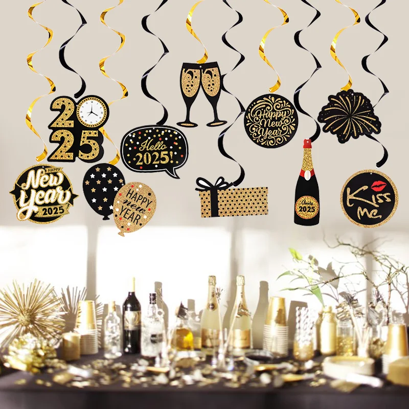 10pcs/set Happy New Year Spiral Hanging Banner Garland Hello 2025 New Year Eve Party Decoration Supplies Photo Booth Props Gift