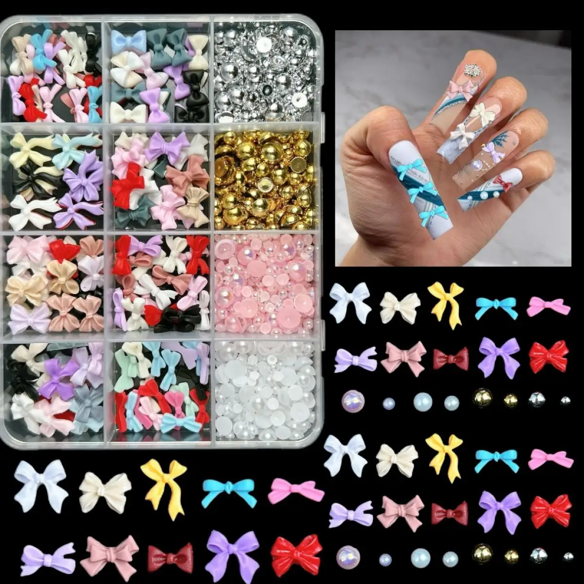 

1Box Multi style Colorful Resin Bow Irregular Rhinestone Nail Charms Alloy Butterfly Cherry Simulated Pearl Nail Art Accessories