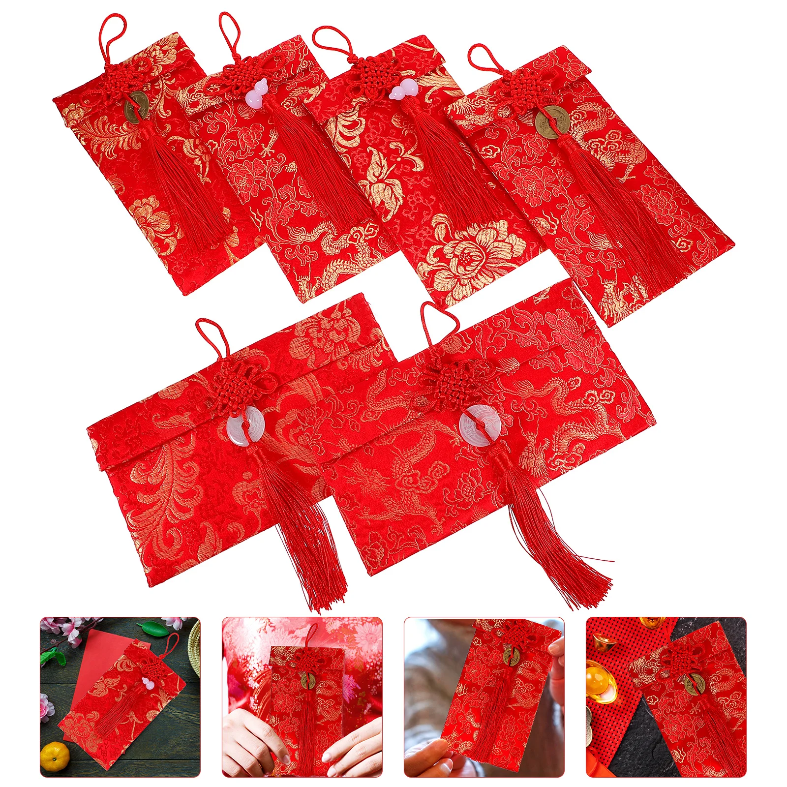 

6 шт., красные конверты с китайским узлом, элегантные свадебные новогодние сумки для денег, счастливые пакеты, Дракон Феникс, шелковая парча
