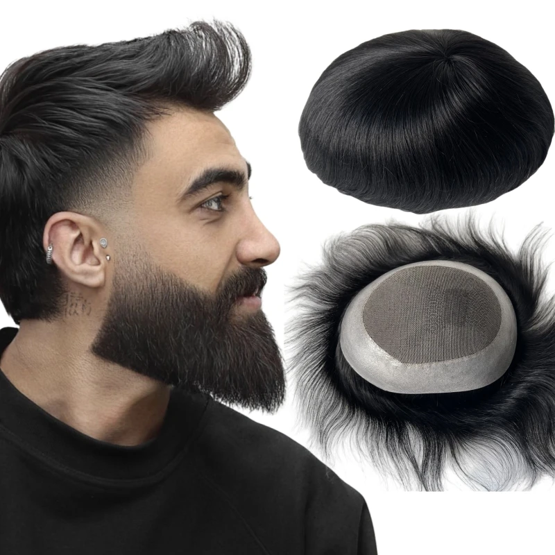 

Монгольские девственные человеческие волосы, замена черного цвета 1, # Широкий парик из искусственной кожи AUS 8x10, центральный кружевной периметр, полиуретановый блок для белых мужчин