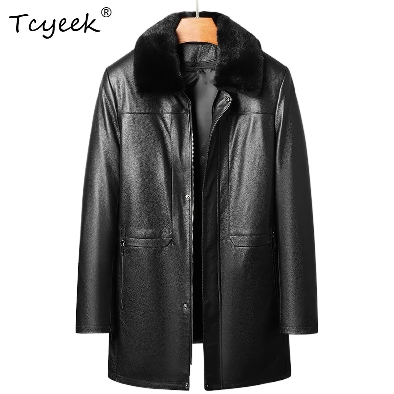 

Tcyeek Верхний слой из коровьей кожи Осень Зима Высококачественная черная мужская куртка средней длины с лацканами Куртка Кожаная Мужская