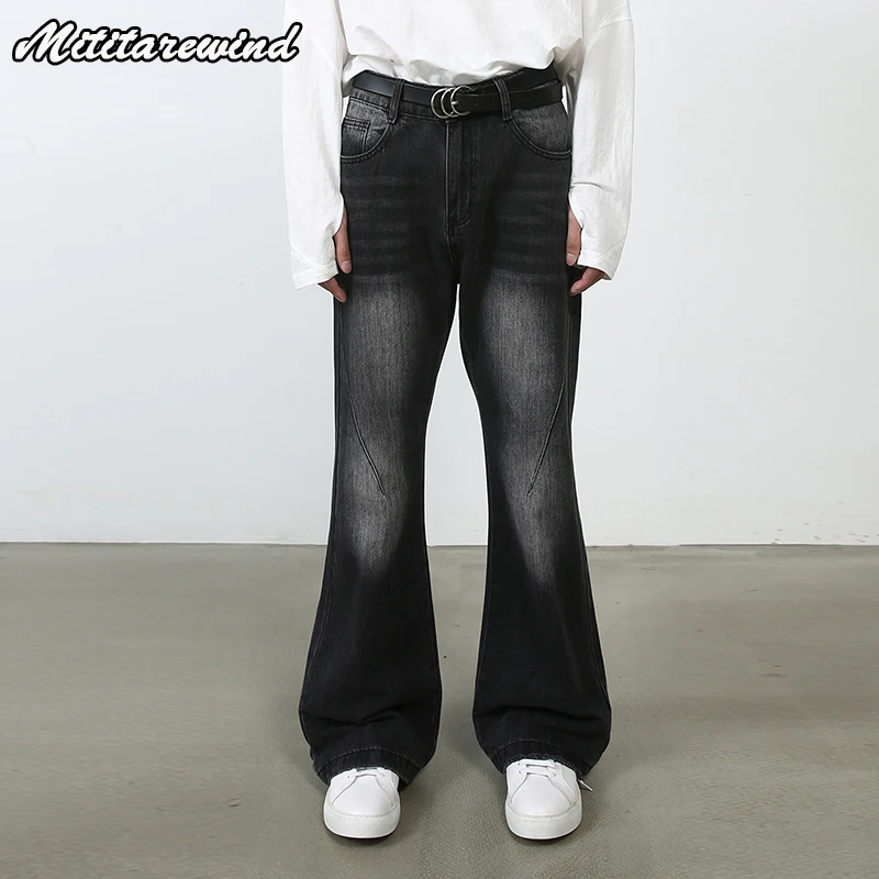 

American Retro Washed Bootcut Denim Trousers Men Mid-waist Straight Black Gray Jeans Men Hip Hop Streetwear Baggy Jeans Pants