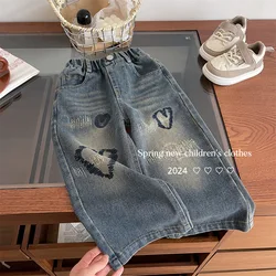 Kids Jeans Love embroidered wide-leg pants girls jeans kids clothes for girls trousers 2 to 7 years