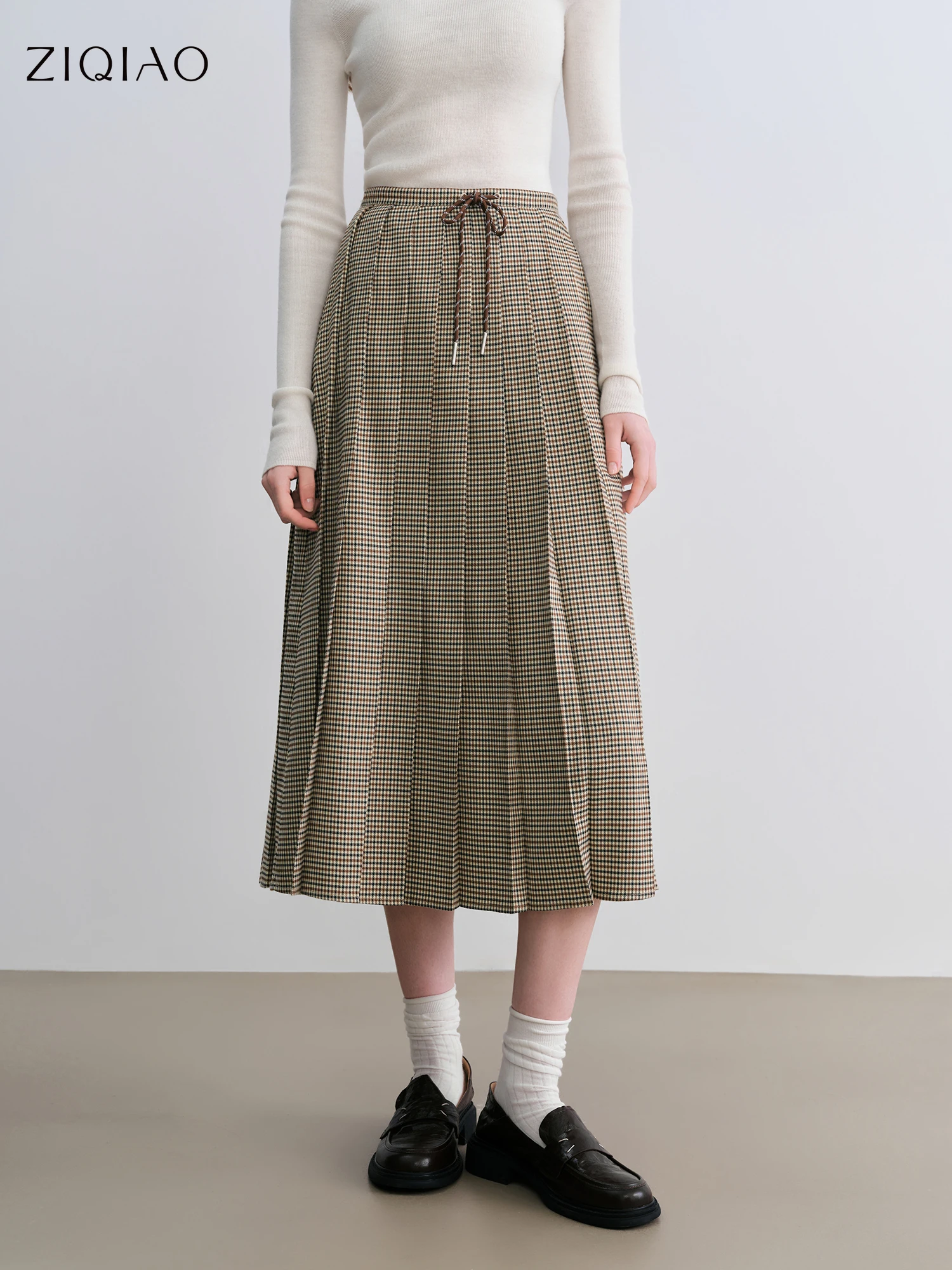 ZIQIAO Houndstooth Pleated Skirt Women's 2025 Autumn New Style College Style Pattern Versatile Casual Mid-length Skirt 25ZQ93064