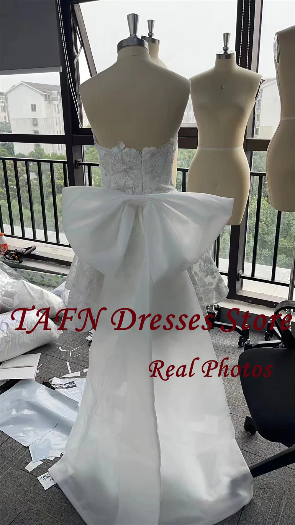 TAFN Real Photos Strapless A-line Short Wedding Dresses Luxury Lace Big Bow Bridal Gown vestidos de novia Customized