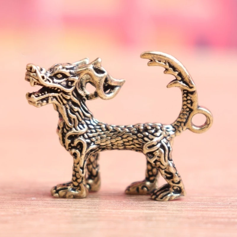 Brass Mythical Beast Pendant Figurine, Vintage Metal Mini Statue, Desktop Decor, Metal Handicraft Keychain Ornament