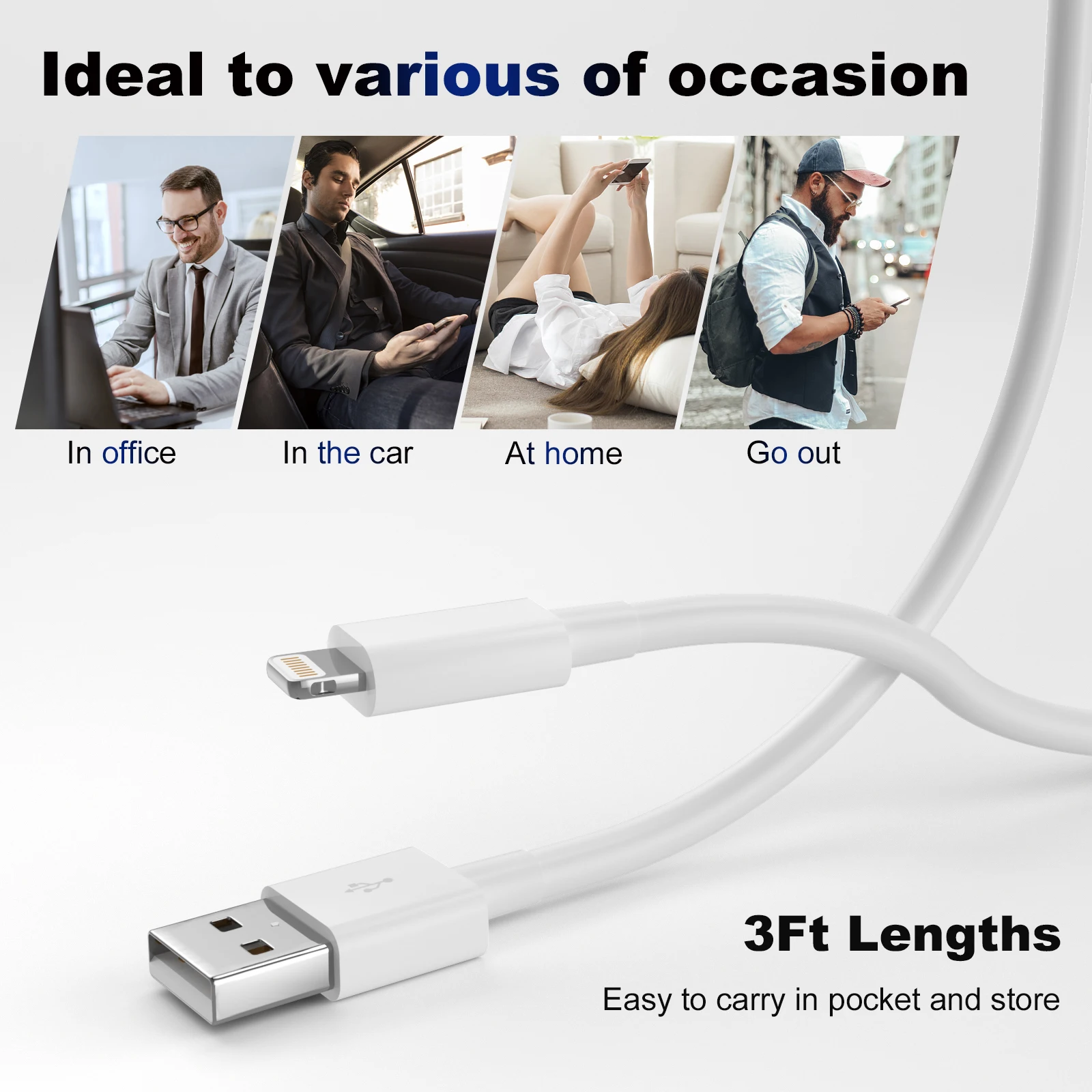 ANSEIP 3Pack USB A to Lightning Cable 2.4A Fast Charging MFi Certified Charger Line For iPhone 14 13 12 11 Charge Data Wire Cord