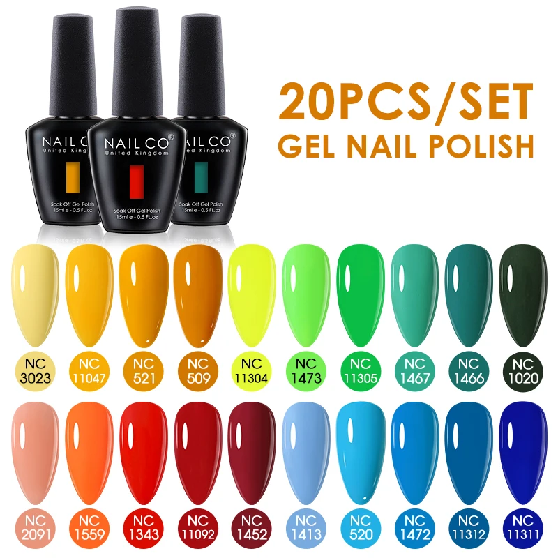 NAILCO 20個入りジェルネイルポリッシュセット、15MLベース、グロッシー/マットゴールド/シルバー/グリッター/トップコート、長持ち、女の子向けネイルサロンアート