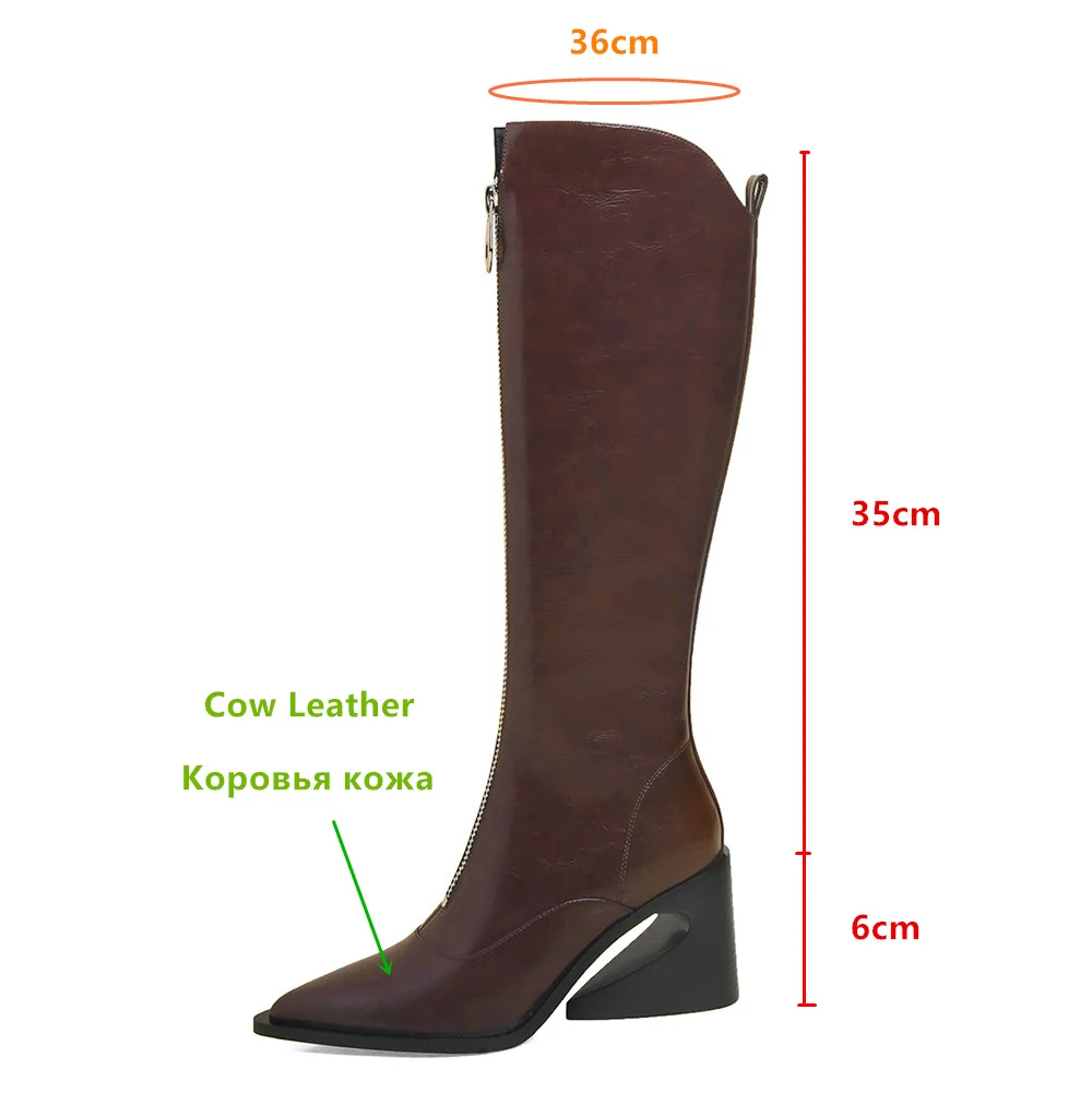 MILI-MIYA Women Knee High Boots Genuine Leather Pointed Toe Special-Shaped High Heel Front Zipper Event Versatile Modern Shoes