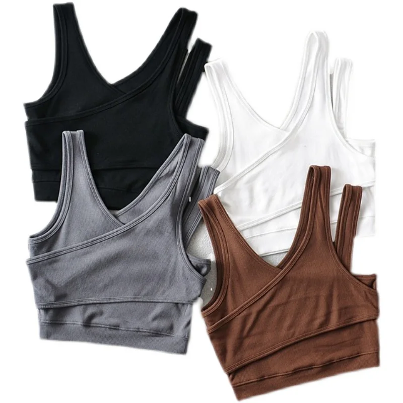 Gilet asimmetrico americano di colore retrò Gilet sportivo piccante da donna con cinturino multiplo per yoga elastico con ombelico