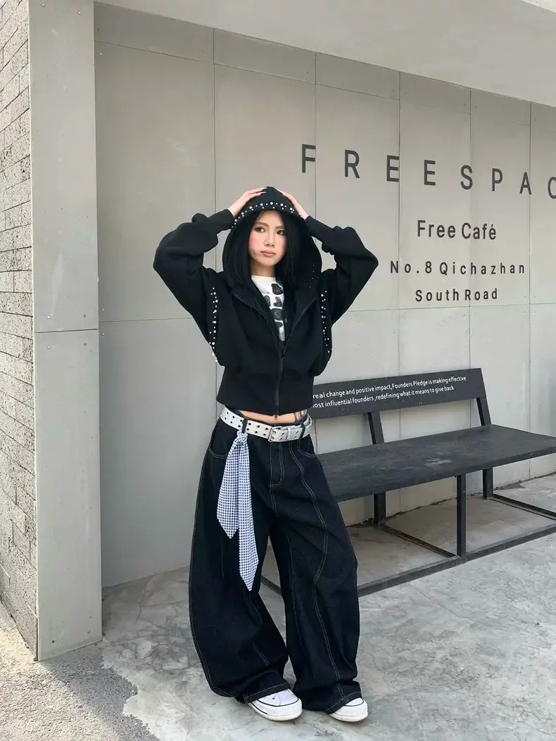 

Винтажные синие мешковатые джинсы, женские прямые летние прямые джинсовые брюки с высокой талией Y2K, уличная одежда, широкие брюки в американском стиле ретро