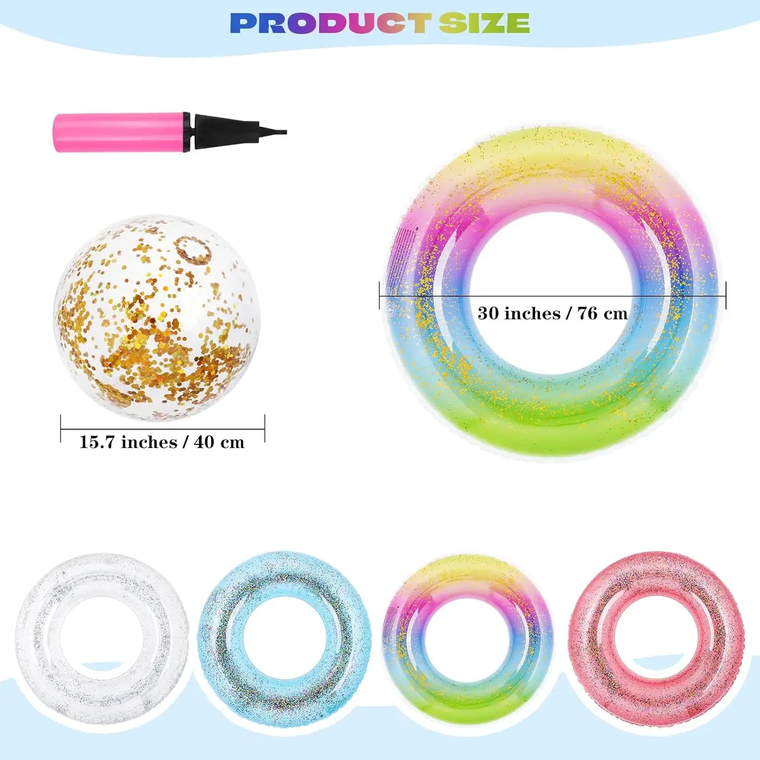 6 Packs Pool Floats Inflatable Pool Floats Colorful Sparkling Glitter Swim Rings with Sequined Beach Ball and Pump for Beach Par