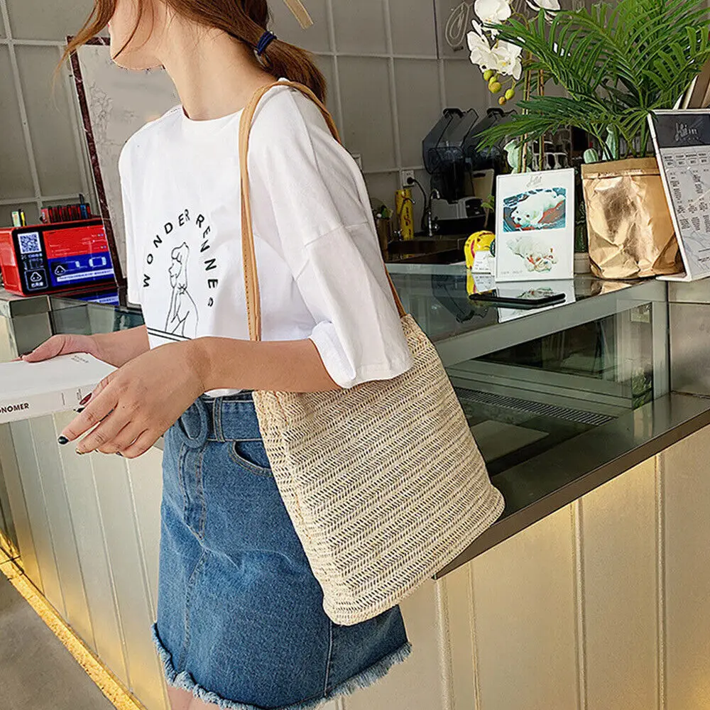 ISKYBOB Summer Straw Bag Rattan Wicker Handbag Crossbody Tote Beach Shoulder Bag Brand Designer Large Capacity Eco Shopping Bag