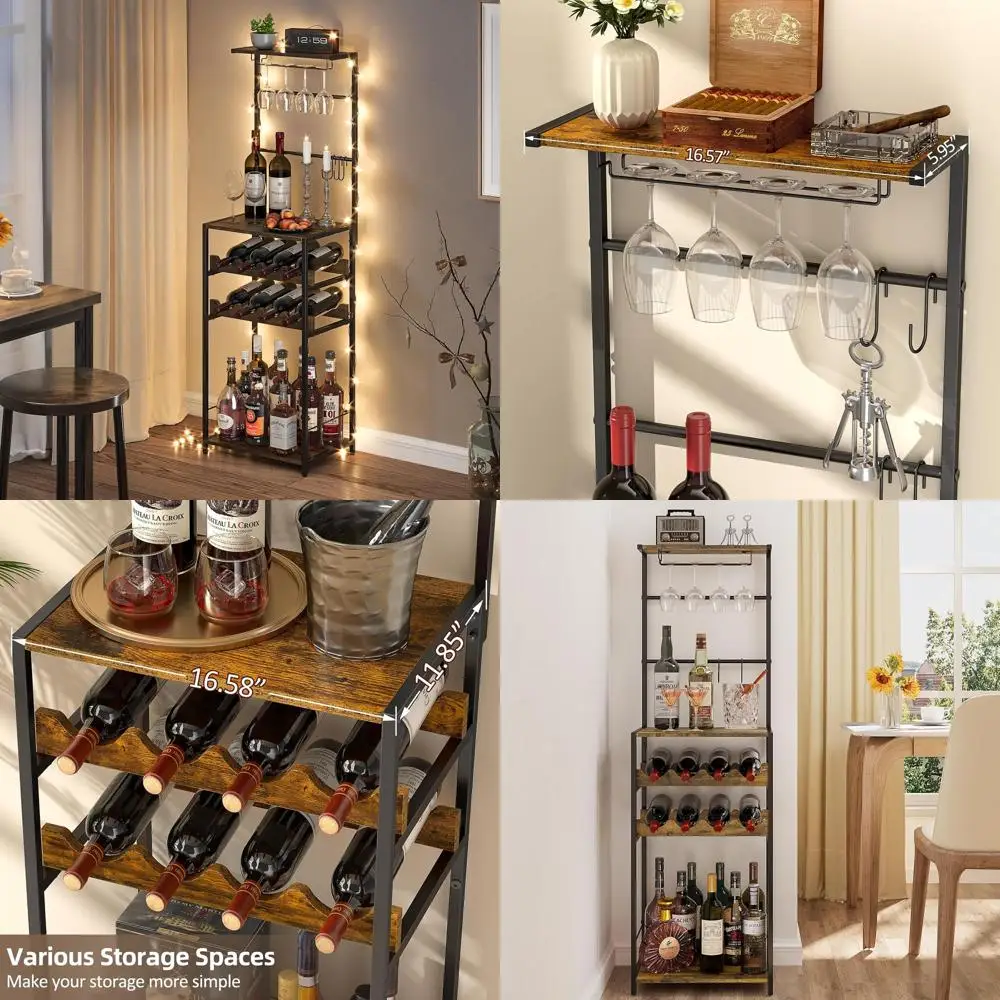 

Freestanding 5-Tier Wine Rack with Glass Holder and 4 Hooks, Corner Mini Bar Cabinet for Small Spaces, Holds 8 Bottles, 11.81 x