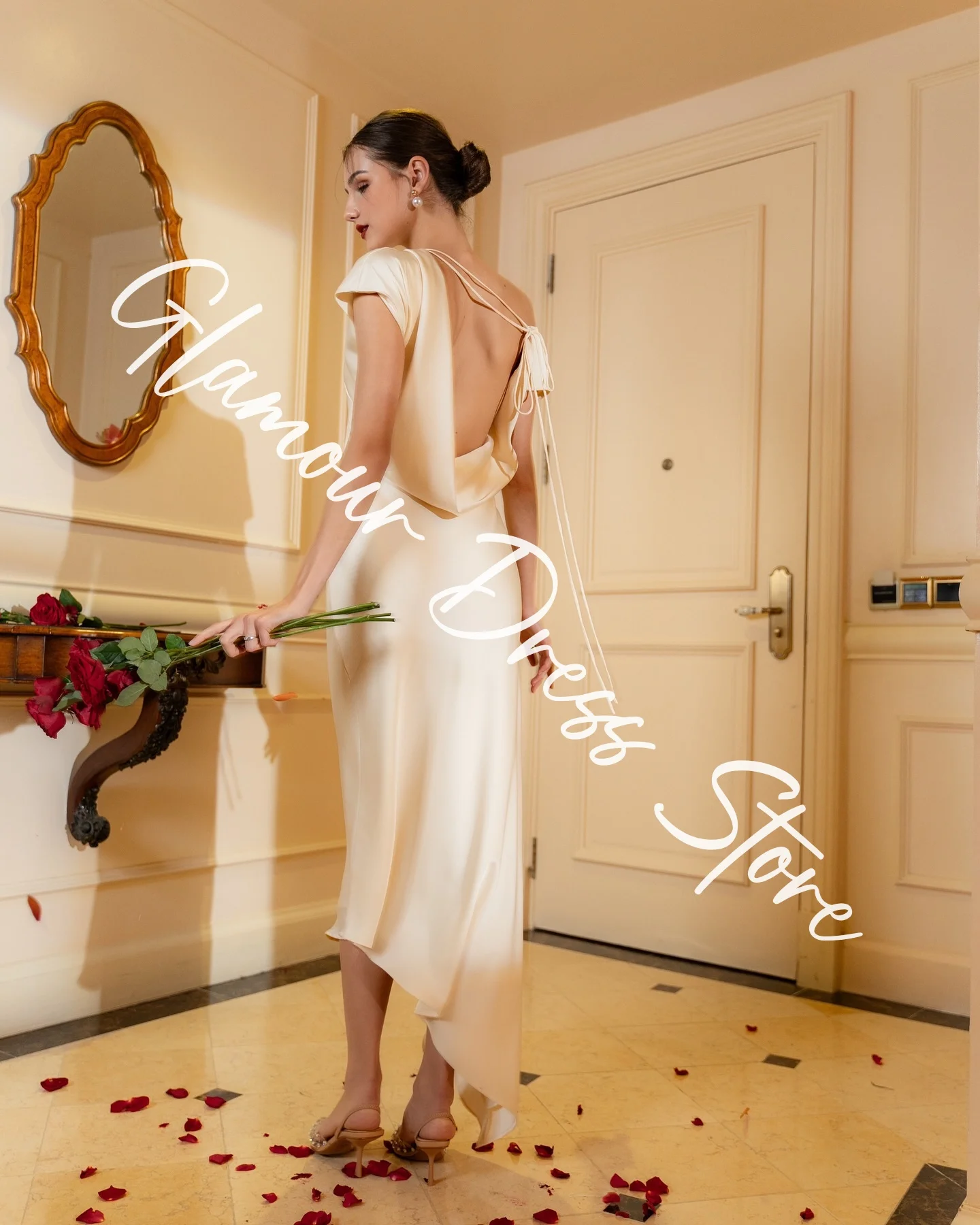 Customized Temperament Satin Straight One Shoulder Evening Dresses Short Sleeves Panel Train Backless Homecoming Dres