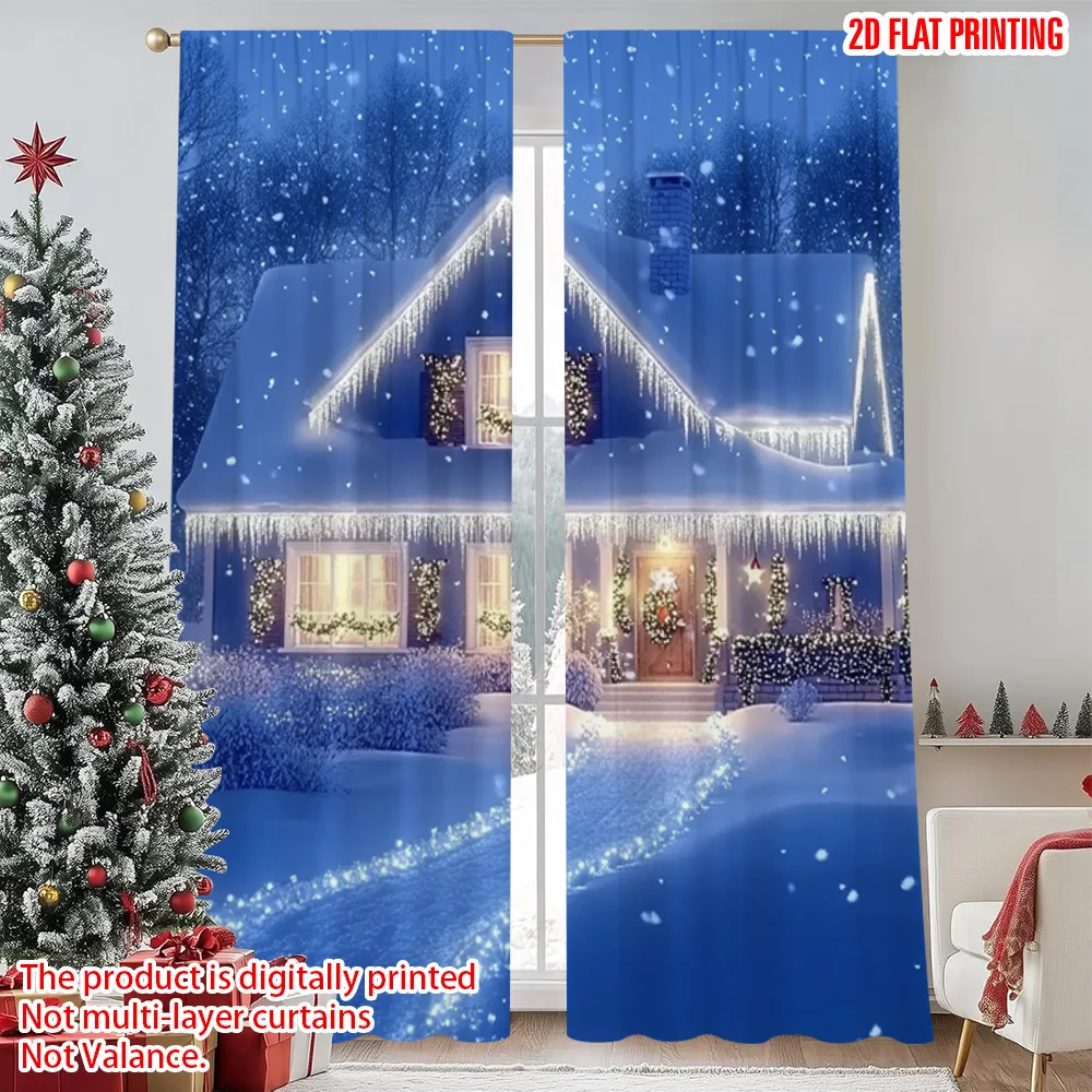 

2pcs 2D flat printing Merry Christmas Popular Curtain Enchanting Christmas House Machine Washable Polyester Without Electricity