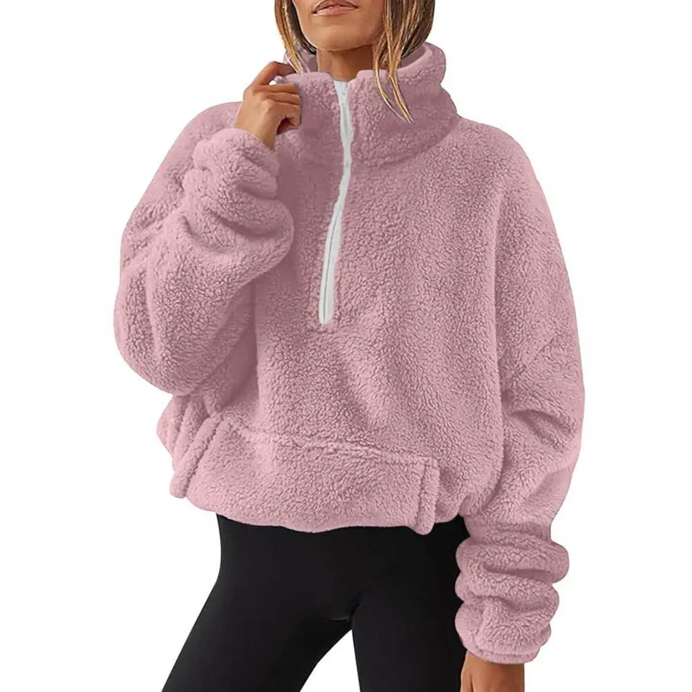 Women Long-sleeved Sweatshirt Warm Mid Length Women's Sweatshirt with Stand Collar Zipper for Fall Winter Women Casual