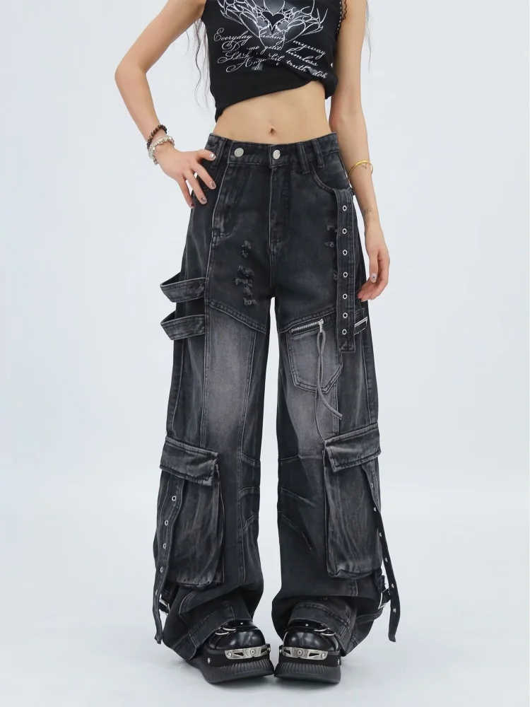 2025 Amerikaanse retro Y2K streetwear gewassen blauwe baggy gescheurde cargo jeans broek voor dameskleding wijde pijpen dame denim broek
