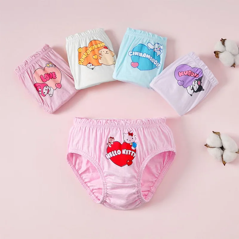 5Pcs/Box Cotton Children Briefs For Girl Cute Sanrio Character HelloKitty Pompompurin Girls Panties Soft Kids Triangle Underwear