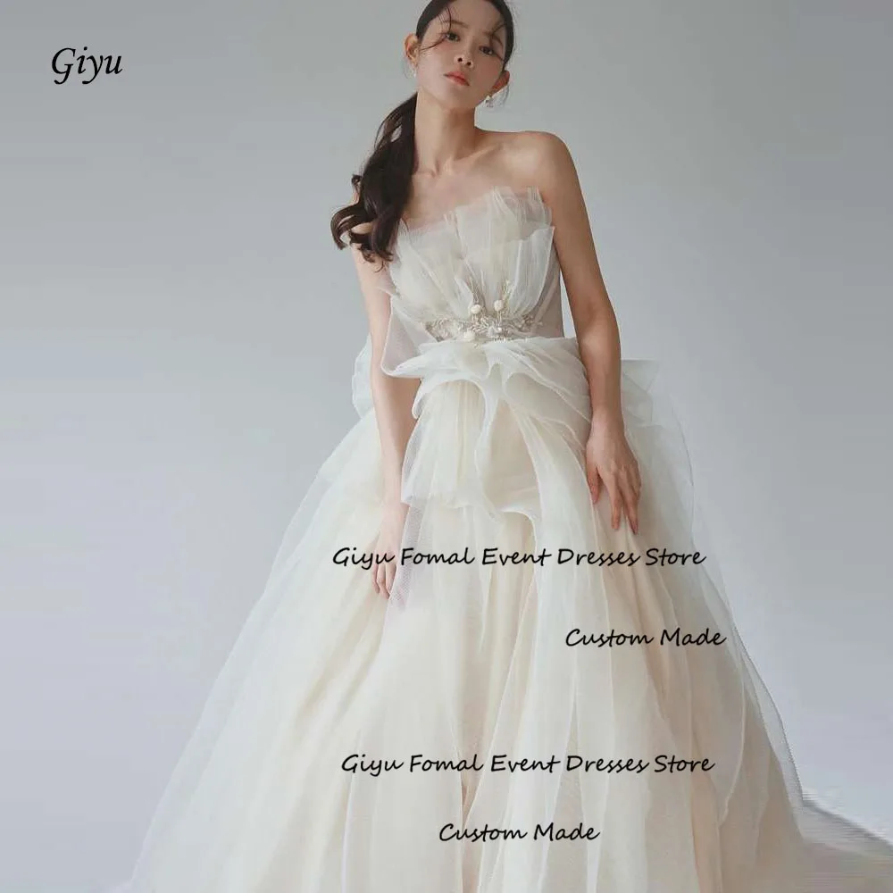 

Giyu Luxurious Tulle Ruffles Korea Wedding Dresses Photoshoot Pearls Floor Length Bridal Gowns Evening Formal Dress Corset Back