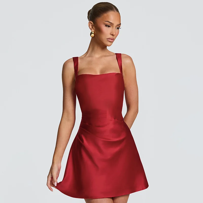 

Summer Satin Mini Fashion Evening Elegant Night Club Dress For Women Skinny A-Line Evening Party Short Backless Dresses