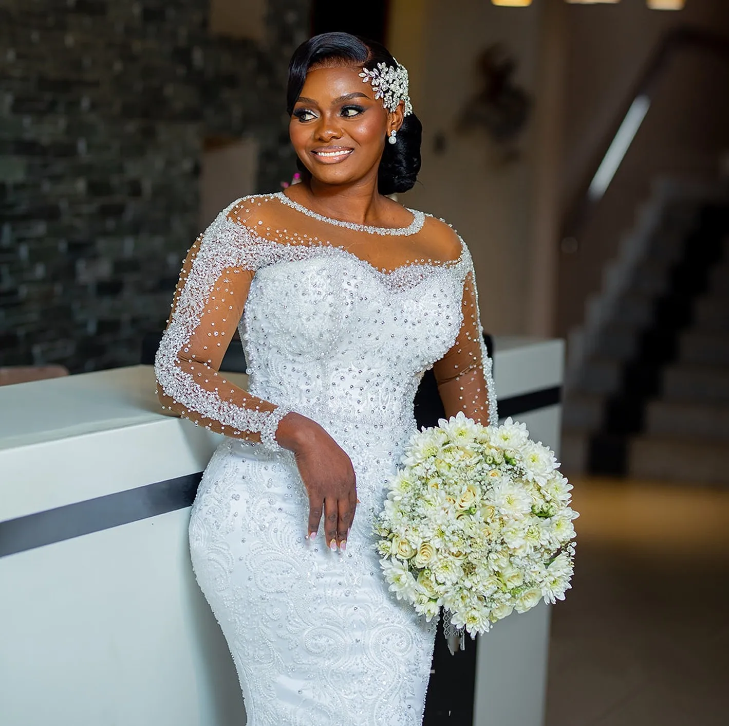 

2026 Mermaid Wedding Dress with Detachable Train Illusion Sheer Long Sleeves Embroidery Beaded Lace Bridal Gown for Bride