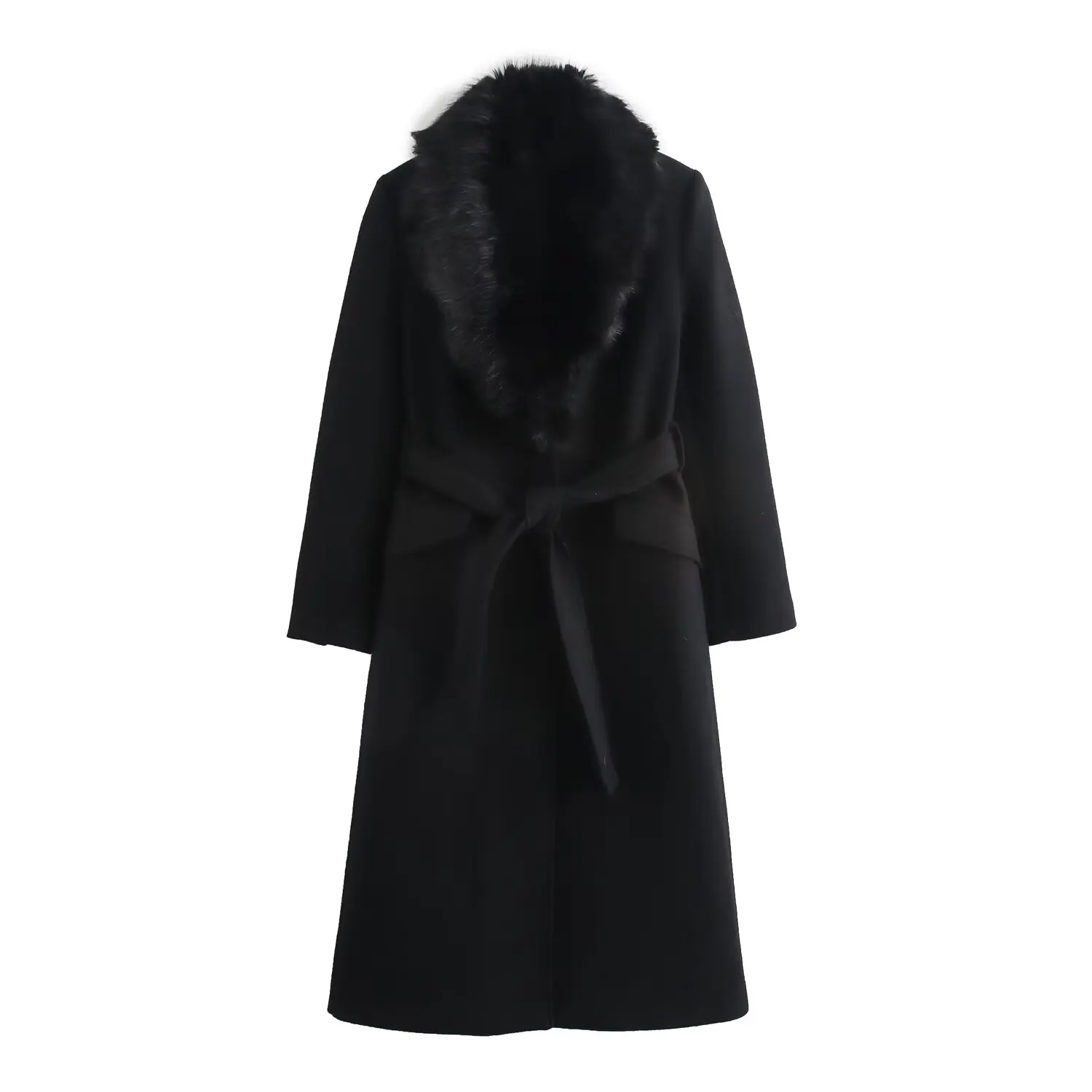 Taop&Za women's 2024 autumn and winter new coat fur lapel buckle with belt commuting temperament long jacket