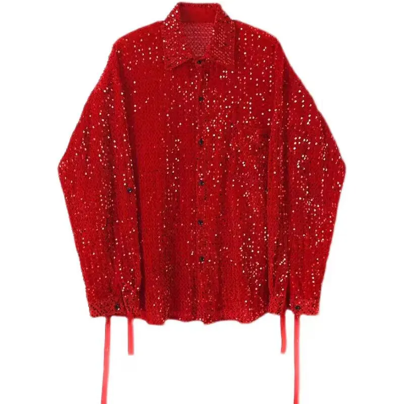 

Красная блузка с пайетками для уличных танцев, костюм для выступлений для мужчин и женщин, комплект для выступлений джазового певца на сцене, свободный крой, длинный рукав