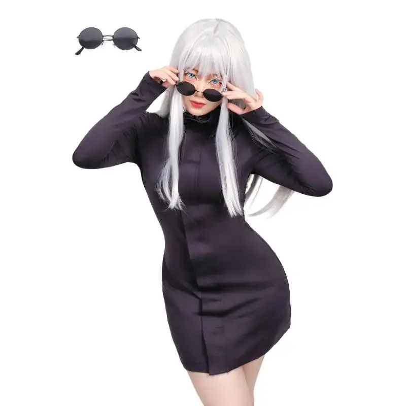 Dazcos Gojo Satoru bodycon dress cosplay costume with glasses set for women purple dress Gojo Satoru costume female version