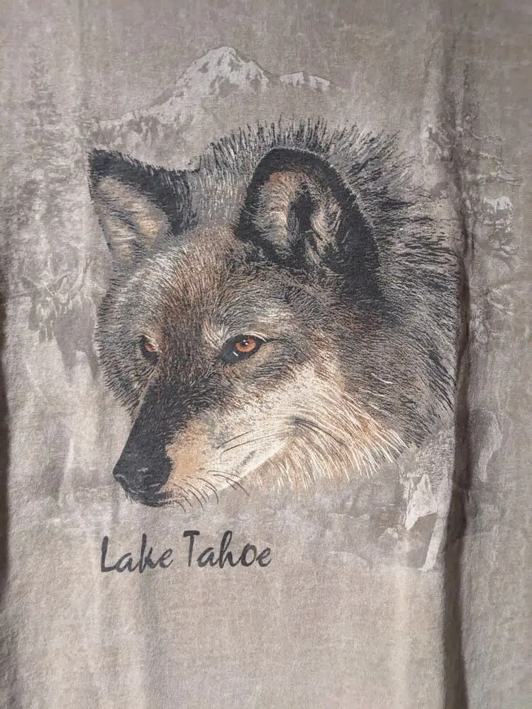 Vintage 90s Wolf Lake Tahoe Animal Nature Brown Beige Large T-Shirt