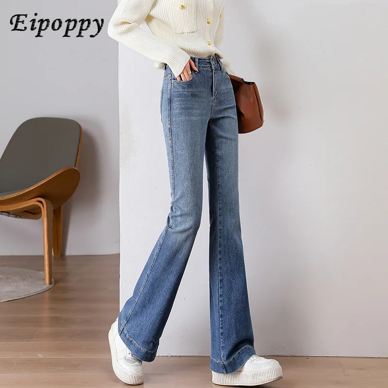 Denim Pants Elastic Mid-Waist Simple and Thin Contrast Color Horseshoe Jeans for Women Bell-Bottom Pants