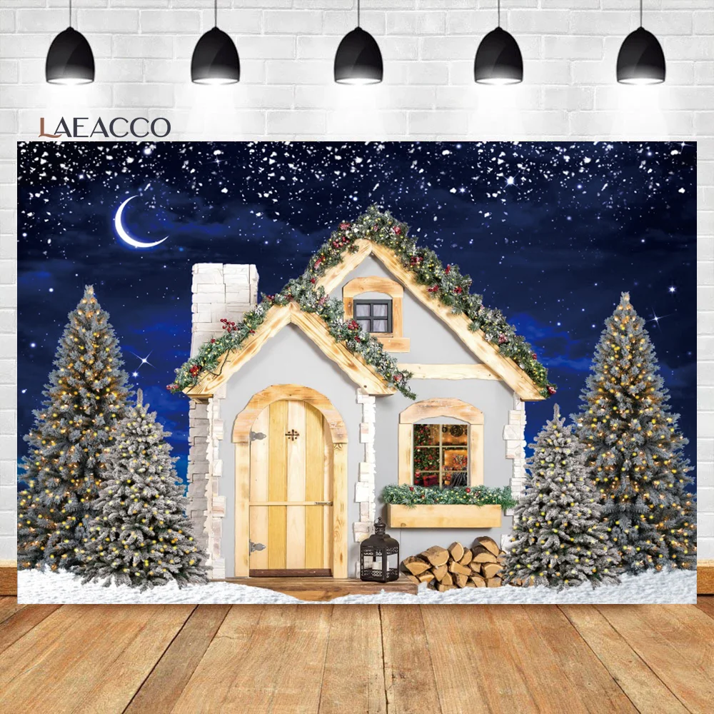 

Laeacco Christmas Photography Backdrop Retro Wooden Cabin House Night Moon Winter Snow Scene Kids Birthday Portrait Background