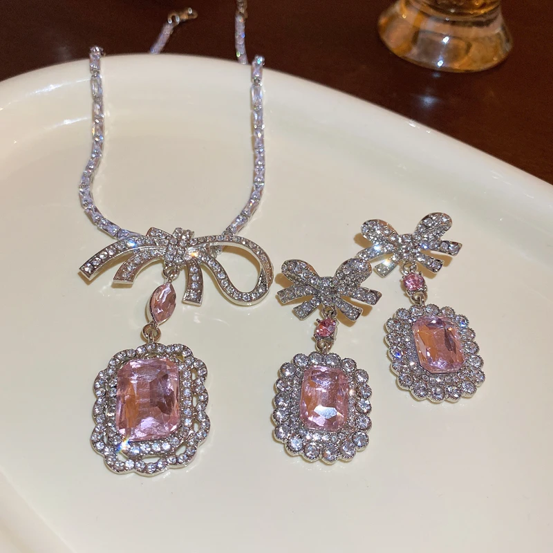 Pink Crystal Zircon Jewelry Set Women Fashion Square Bow Pendant Necklace Drop Earrings Light Luxury Party Wedding Jewelry