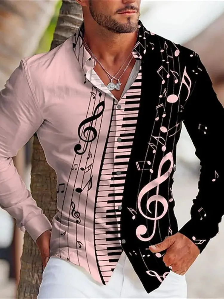 

Летние мужские рубашки 2023 с графическим принтом, музыкальным дизайном, на пуговицах, для повседневной носки, свободного кроя, с высоким воротником, для деловых встреч