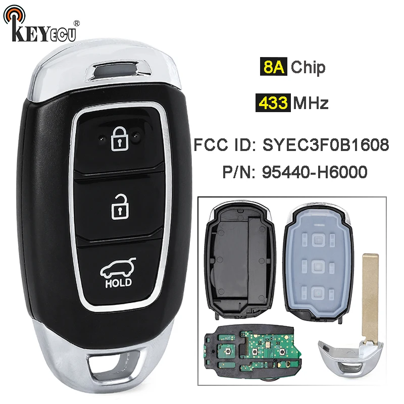 

KEYECU 433MHz 8A Chip PN: 95440-H6000 FCC ID: SYEC3F0B1608 Keyless GO Smart Remote Key Fob for Hyundai Accent 2018 2019 2020