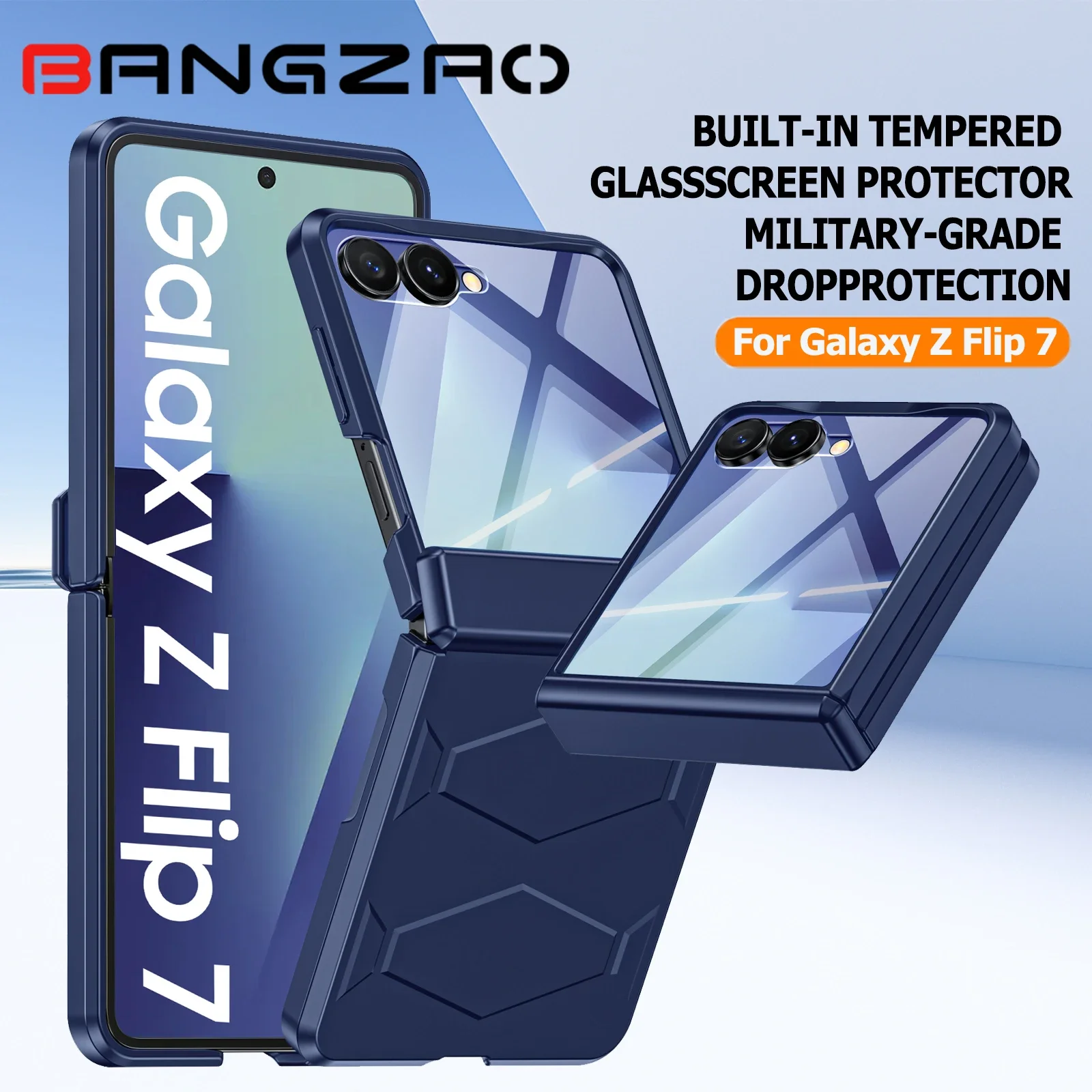 

For Galaxy Z Flip 7 Protective Phone Case,Non-Slip Texture,Rugged Hinge Protection,Wireless Charging,Shockproof Case-Blue