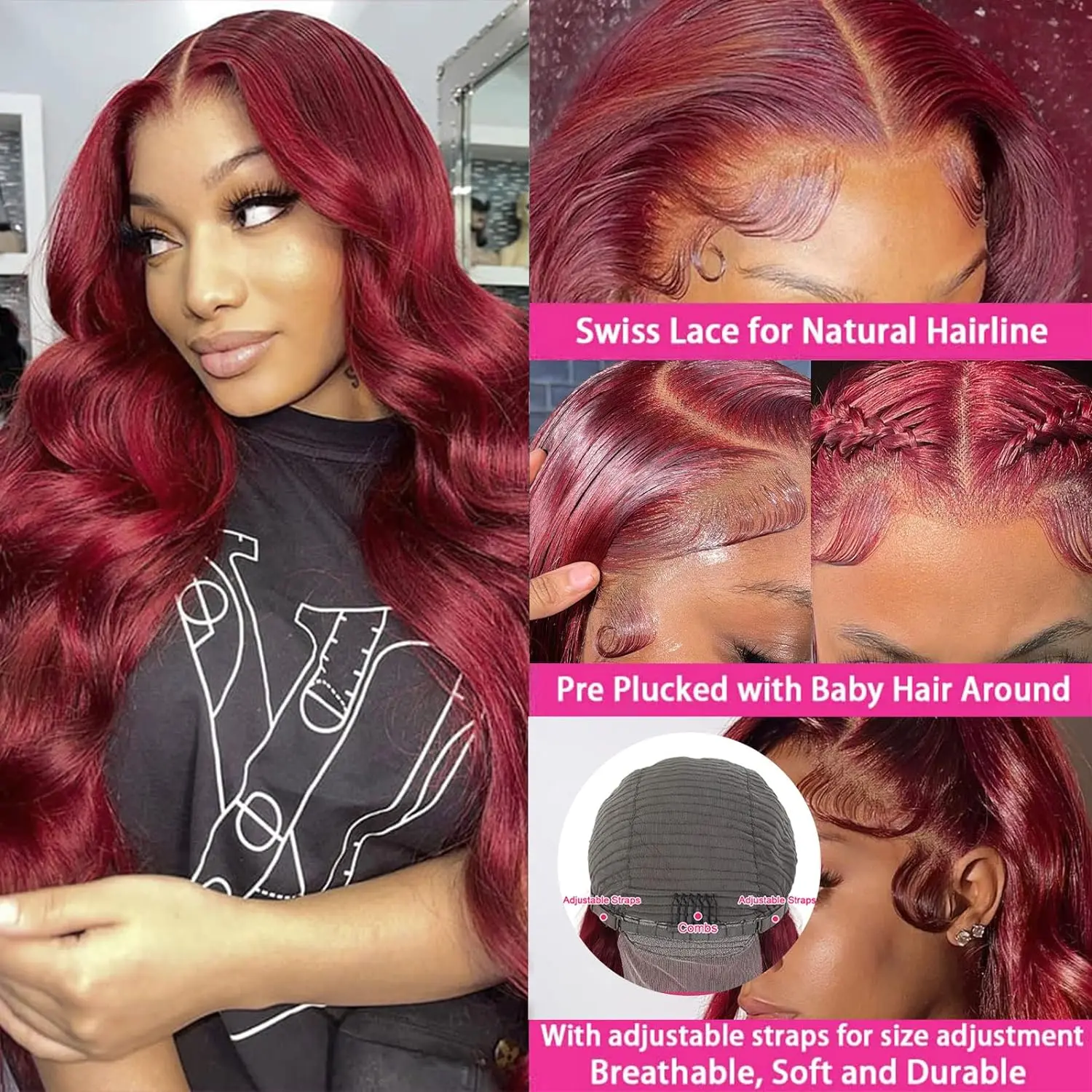 Perruque Lace Front Wig Body Wave Brésilienne Naturelle, Cheveux Humains, Couleur Bordeaux Rouge, 99J, 13x4, 13x6, HD, Sans Colle, 40 Pouces