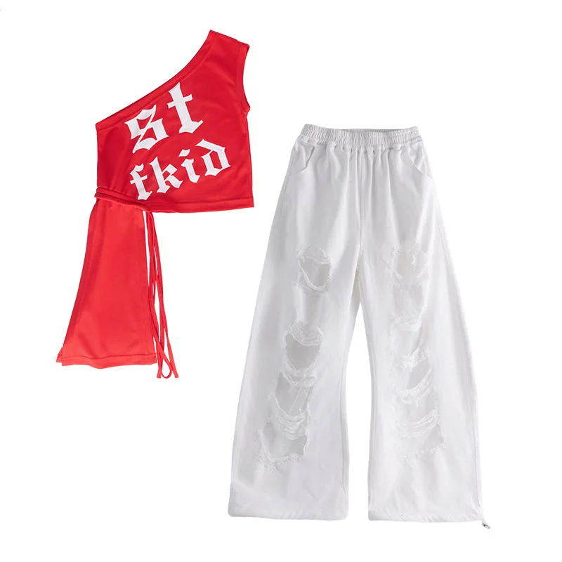 Jazz Dance Costume, Girls' Street Dance Performance Costume, Red Top, White Ripped Pants, Exposed Navel Dance Runway Show Set