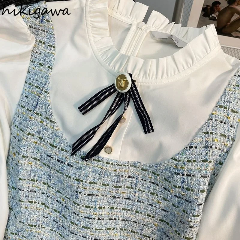 Korean Blouses for Women Chic Fake Two Shirts Crop Tops Contrast Color Tunic Sweet Crop Tops Stand Neck Vintage Blouse Shirts