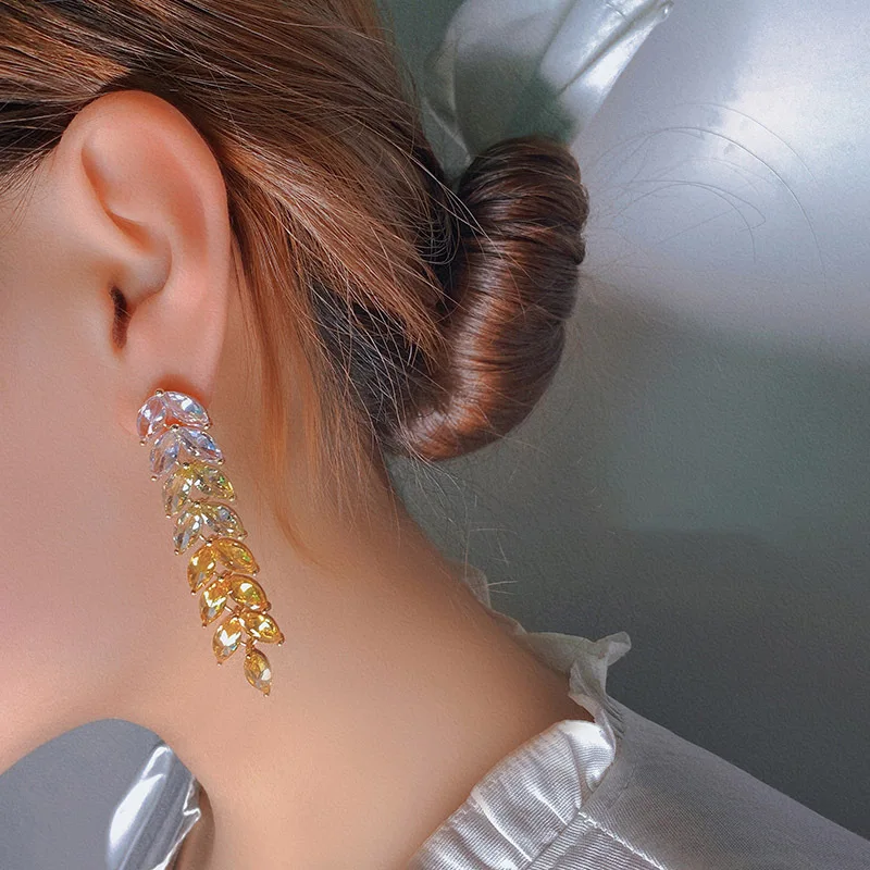 Gradient color golden wheat ears long temperament tidal tidal silver pinhin earrings leaf leaves light luxury summer season