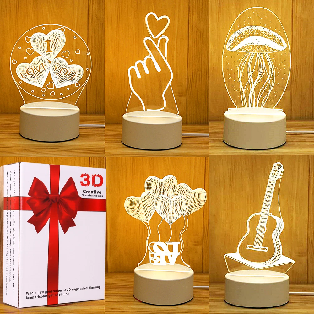 Lámpara de noche Led de acrílico 3D Love para niños, luz de noche, lámpara de mesa, decoración de fiesta de cumpleaños, Día de San Valentín, lámpara