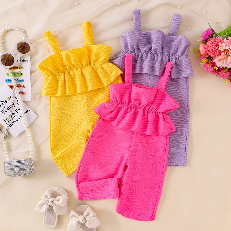 

2024-05-20 Lioraitiin 3-24M Baby Girls Summer Casual Jumpsuit Sleeveless Solid Color Ruffle Trim Cami Playsuit