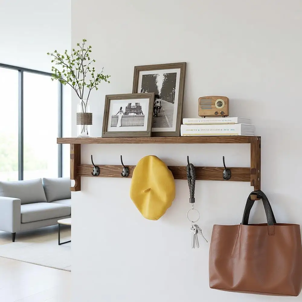 

28.9 Wall-Mounted Coat Rack with 5 Hooks for Entryway, Living Room, or Bedroom (Brown)