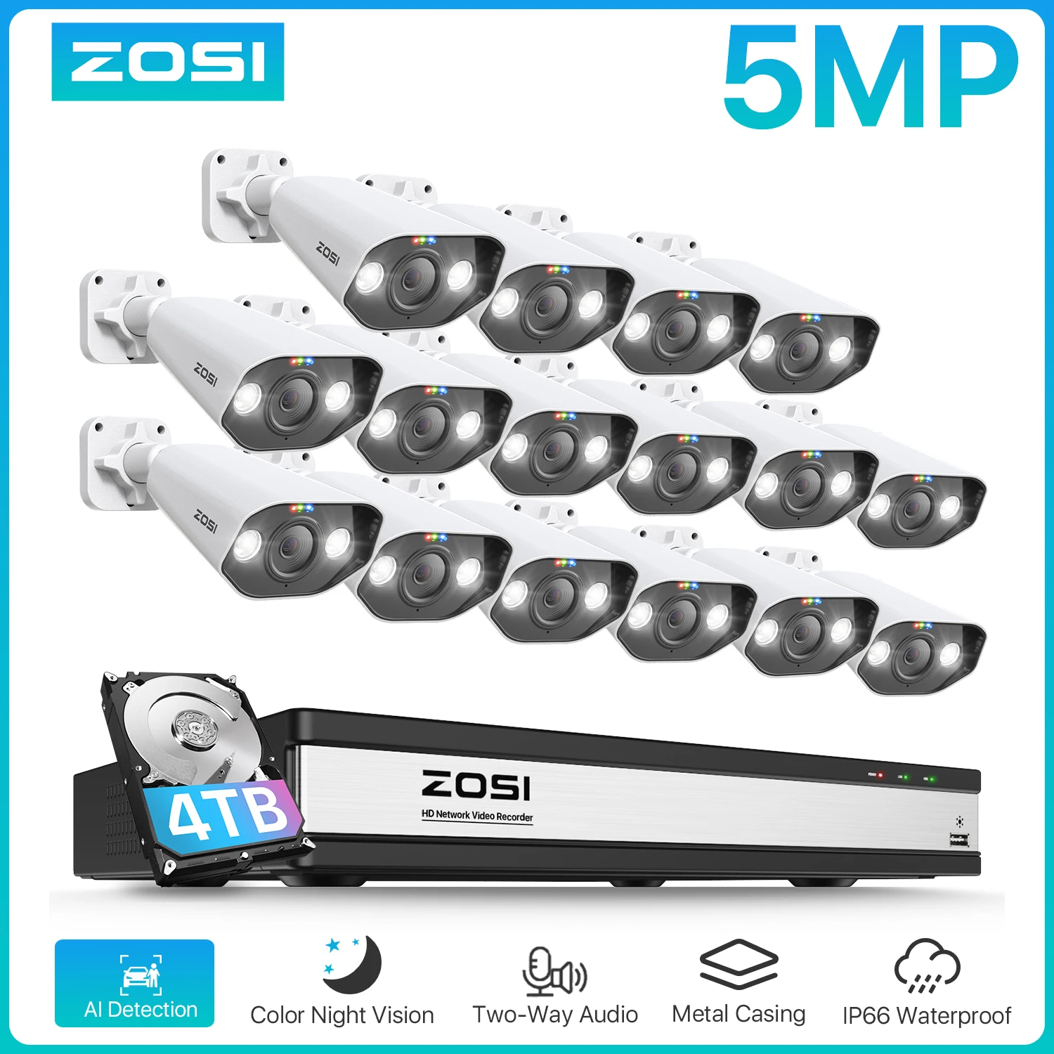 ZOSI 16CH PoE Home Security Camera System H.265+ 4K NVR with 5MP HD Outdoor IP Camera Color Night Vision Video Surveillance Kit