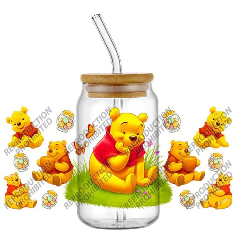 Popular honey bear Series UV DTF Cup Wrap 16oz Libbey Glass DIY Sticker Cartoon Selfadhesive Washable DIY Gift 3D Stickers