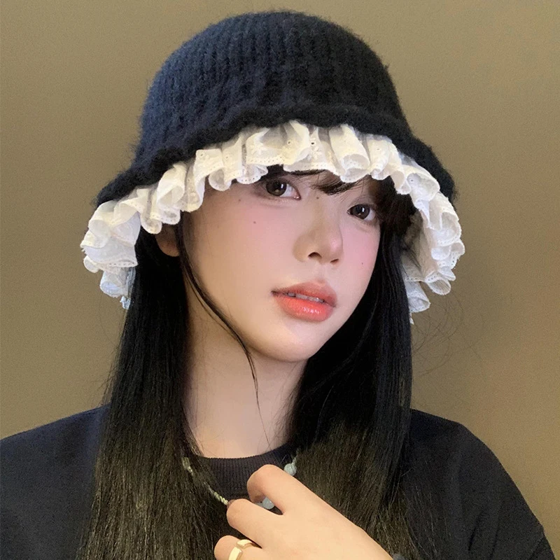 

Bucket Hat Women's Hat Winter Warm Knit Bucket Lace Warm Fisherman Hats Female Fashion Retro Black Panama Cap For Women