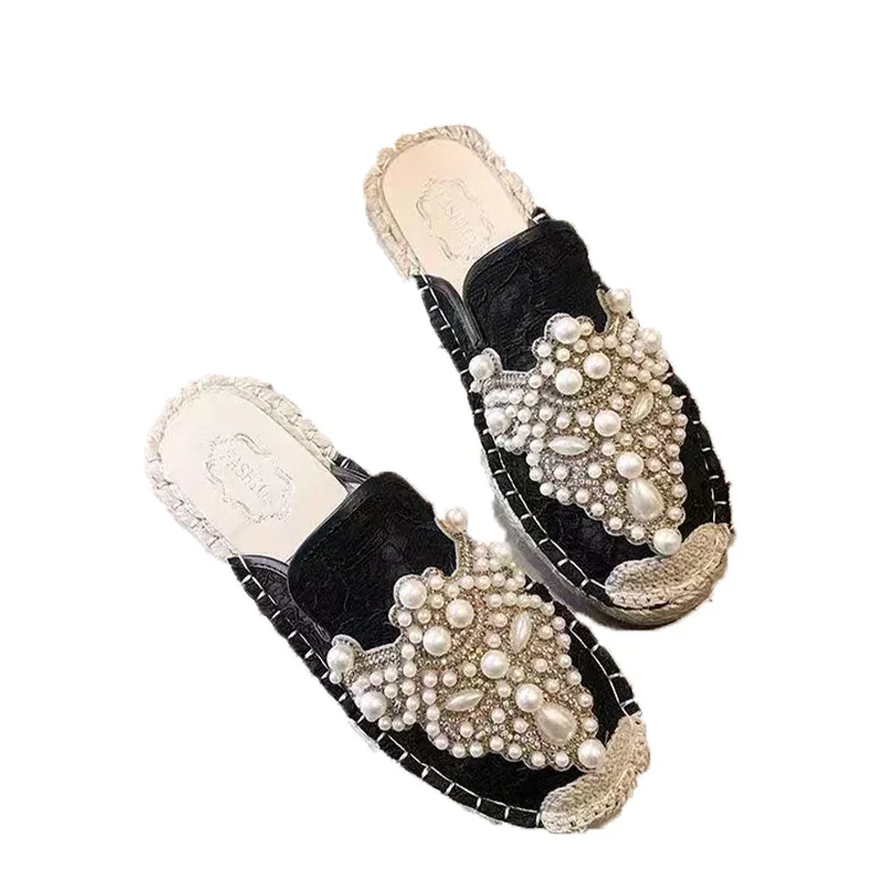 Beaded Flats Women Mules Shoes Summer Luxury Slippers 2024 Designer Mesh Dress Slingback Sandals Walking Flip Flops Mujer Slides